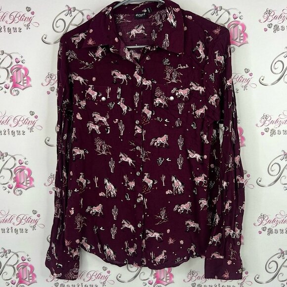 Cruel denim button up horses Burgundy Button-Up Shirt with Horse Print - Picture 1 of 8